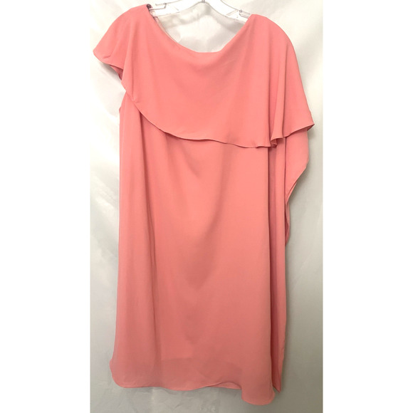 ELISE Coral/Salmon Crape Gauze Lined Asymmetric Calfan Dress Size XL - Picture 3 of 11